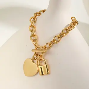 LuBlom Gold Stainless Steel Bracelet with Heart and Padlock Charms for Women's Fashion Accessories