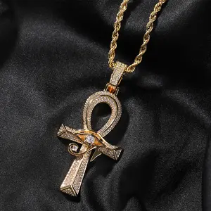 Hip hop style, diamond studded Eye of Horus Anhe cross pendant vintage versatile necklace