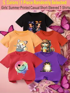 5 Colors Available, Send One Random ，Send One piece，Cartoon Fashion Print,Spring and summer, casual wear, casual clothing, cute designs, trendy fashion, comfortable materials, durable, fashionable T-shirts, youthful, apparel