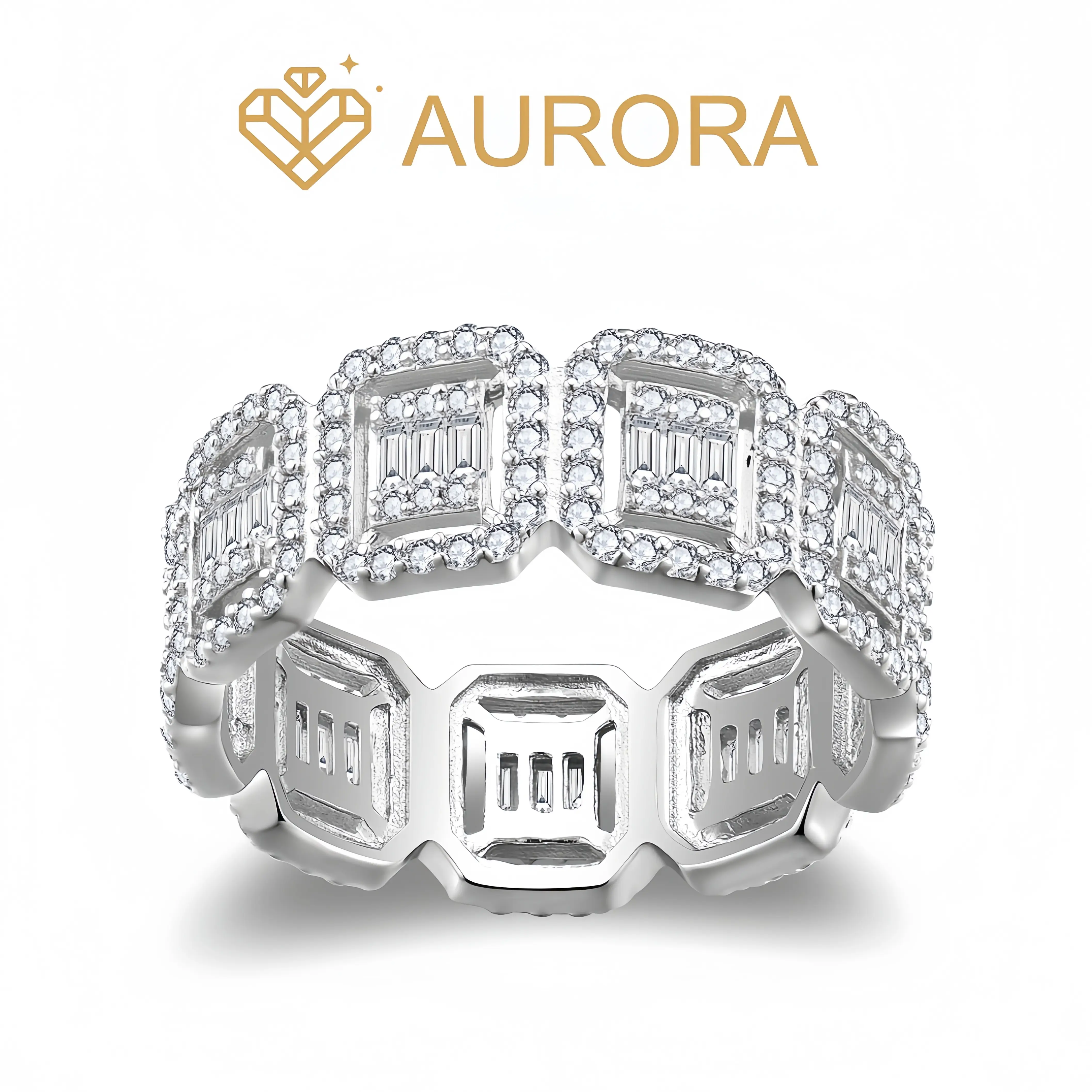 【#115 Royal Grid】Moissanite Stackable band ring enhancer Ring Band with 925 Sterling Silver Synthetic Moissanite