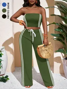 Women's Striped Pattern Crop Tube Top & Wide Leg Pants Set, Casual Fashion Chic Fitted Cozy Lightweight Breathable Two-piece Set Outfit for Daily Outdoor Wear, Ladies Summer Clothes Womenswear