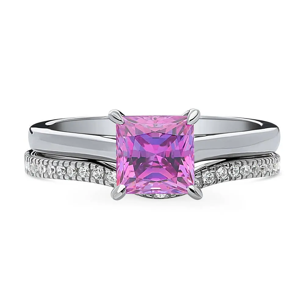 BERRICLE Sterling Silver Solitaire Wishbone Engagement Promise Rings Stackable Band for Her, 1.2 Carat Purple Princess Cut Cubic Zirconia CZ Ring Set