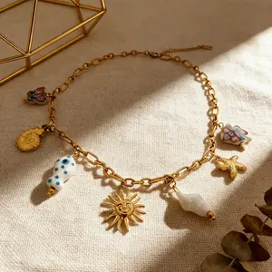 Cross-border stainless steel necklace, sun starfish shell ceramic pearl necklace with blue and gold pendant, stylish and versatile