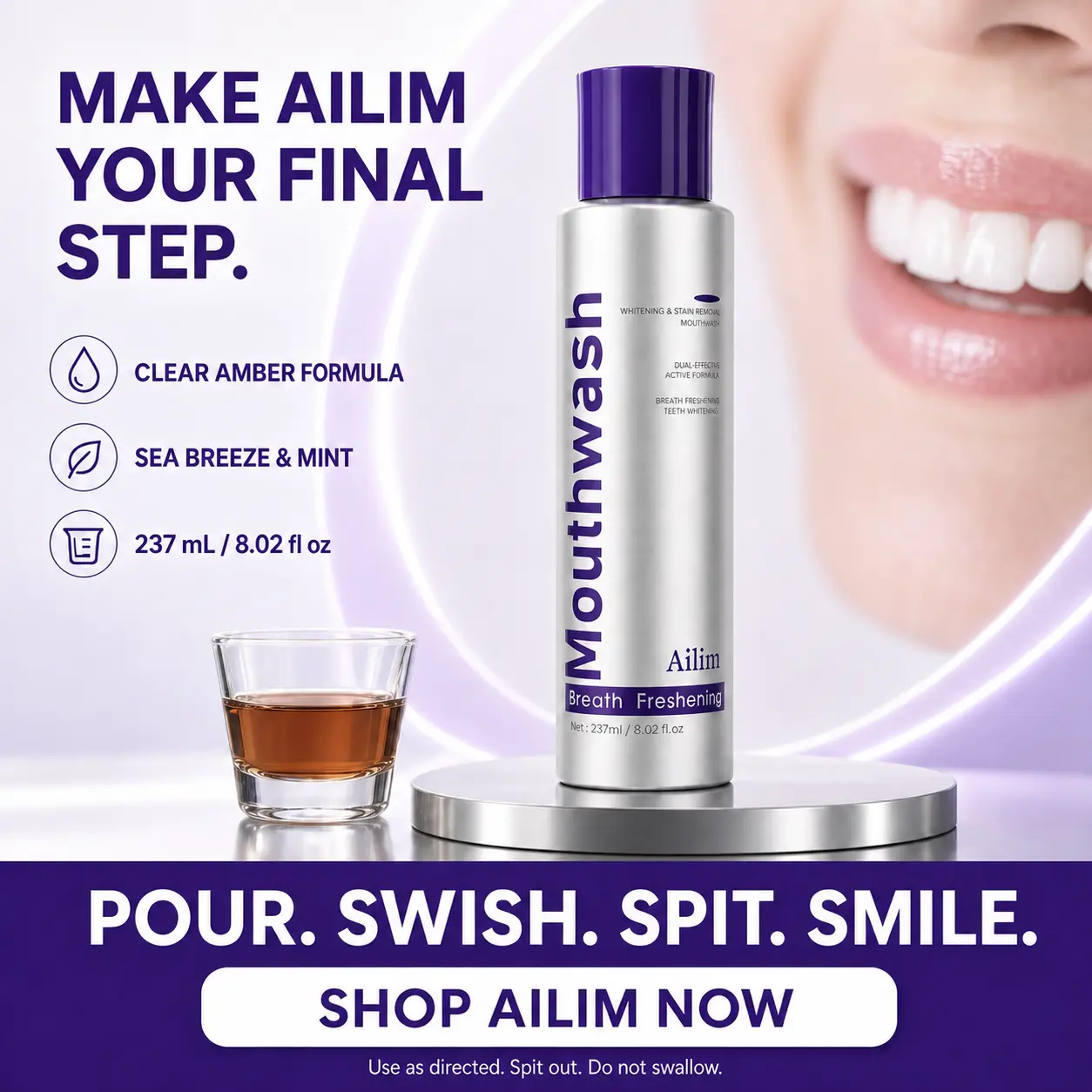 Ailim Whitening & Stain Removal Mouthwash, Sea Breeze & Mint, Fresh Breath Daily Oral Care, 237 mL / 8.02 fl oz