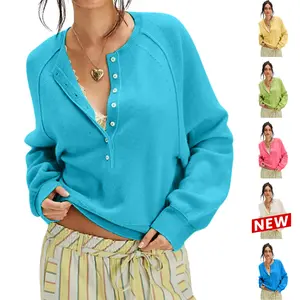 Molitree Womens Deep V Neck Cropped Sweatshirts Long Sleeve Loose Fit Drop Shoulder Henley Pullover Top Fashion Casual Womenswear