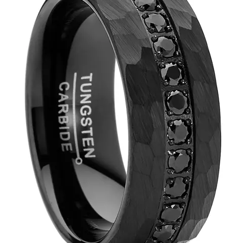 Men's 8MM Genuine Tungsten Carbide Black Dome-Shaped Band - Hammered Comfort-Fit Cubic Zirconia Band with 1.3ct Black CZ, Elegant Fashion Unique Ring for Valentine's Day, Anniversary
