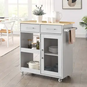 Modway Culinary Kitchen Cart With Towel Bar in Light Gray Natural