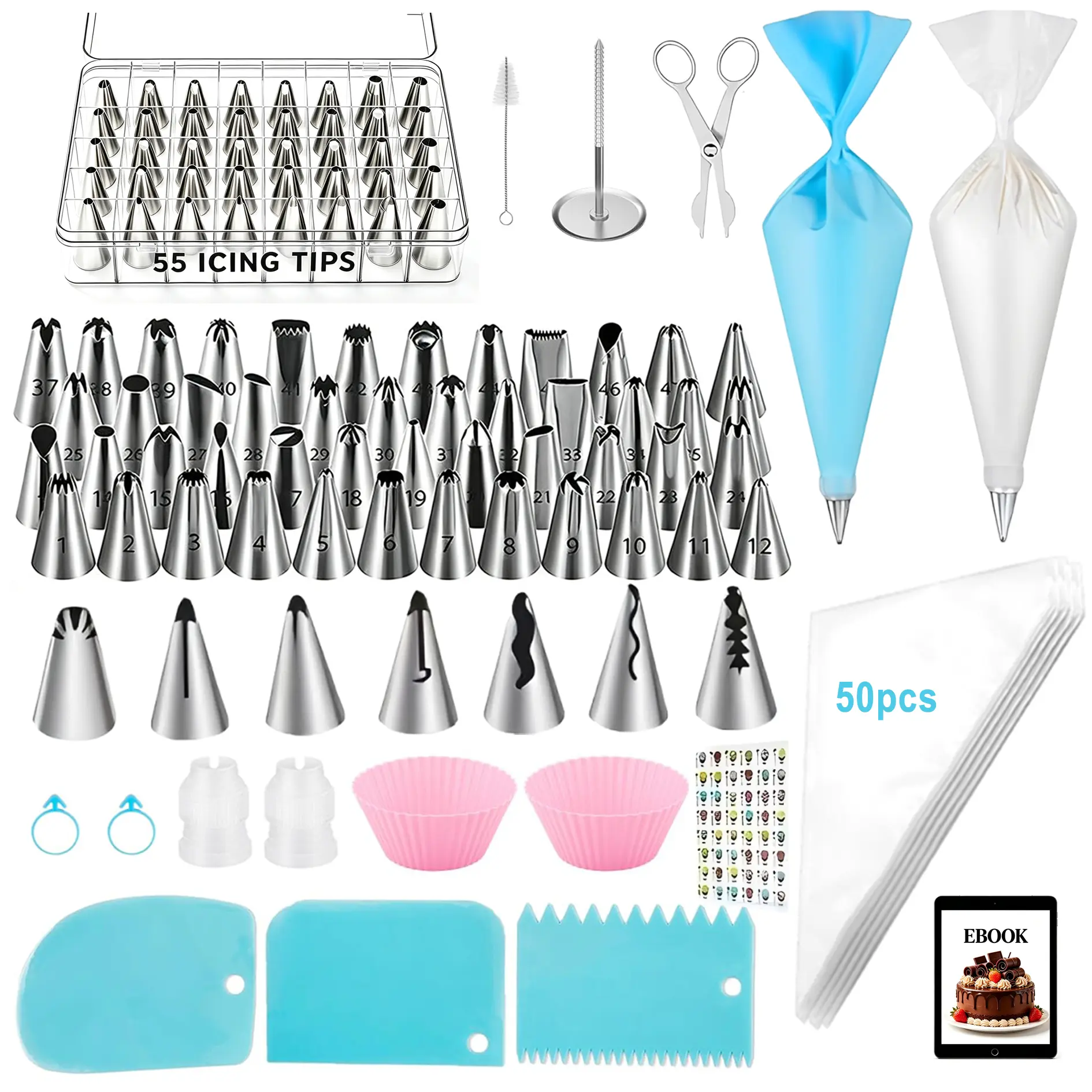 116 PCs Icing Piping Bags and Tips Set, Cake Decorating Kit with 48-Numbered Piping Tips, 20+1 Pastry Bags for Cookie Cupcake Cake Decoration with Booklet