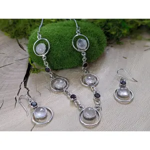 Rose Quartz & Garnet Gemstone Necklace w/ Earrings Set 925 Sterling Silver Birthstone Jewelry Love Healing Crystals Natural Stone Mineral