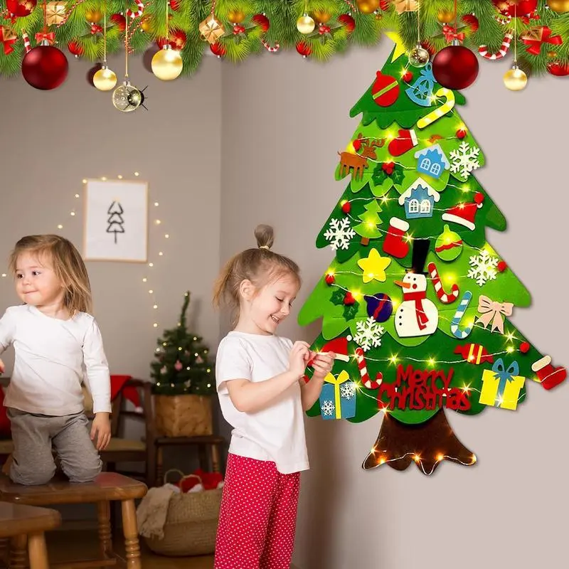 DIY Eco-Felt Christmas Tree Set with 34 Ornaments - Hand-Mounted Wall Hook Artificial Tree Christmas Decor, Montessori Toddler Toy, Holiday Gift (Black Friday 2025)