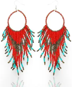 Soul Statement Handmade Boho Earrings for Women, Colorful Red, Gold, Turquoise Beads, Ethnic Dangling Design, Ideal for Concerts & Festivals