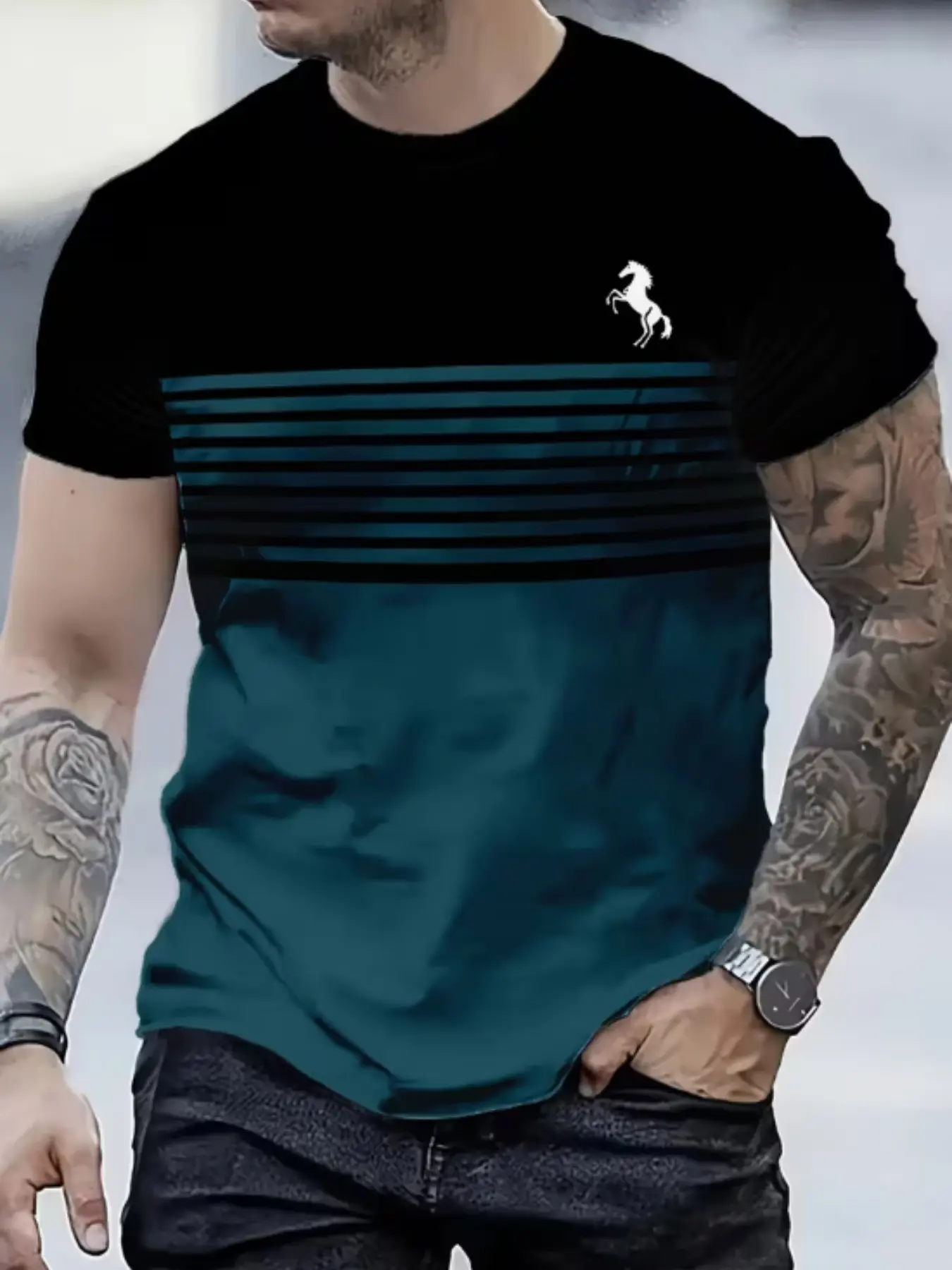 Men's Short Sleeve T-Shirt, Casual Summer Clothing Fitted Round Neck Top, Print Trendy Breathable All Season Wear