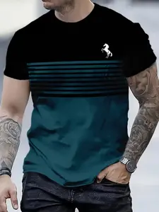Men's 3D Digital Print Short Sleeve T-Shirt, Casual Fitted Round Neck Top, Breathable All Season Wear, Trendy All over Print