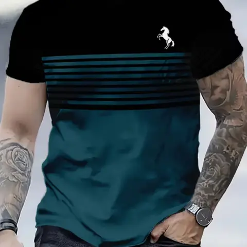 Men's Short Sleeve T-Shirt, Casual Summer Clothing Fitted Round Neck Top, Print Trendy Breathable All Season Wear