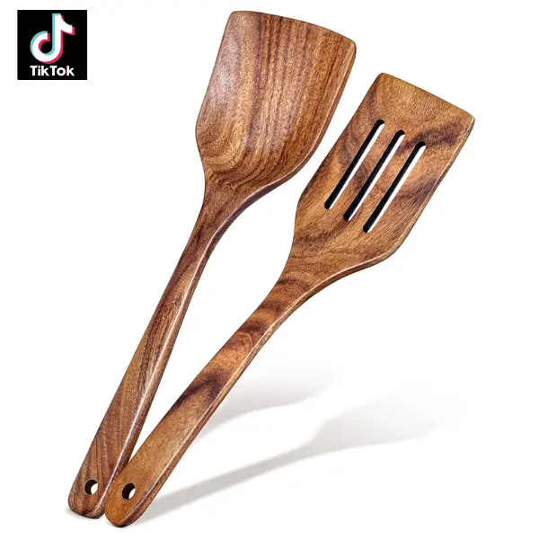 2Pcs Wooden Spatula, Acacia Solid & Slotted Turner Spatula Set, Long Handle Flat Frying Spatulas, Ideal Kitchen Gift for Mother and Grandma, Kitchen Utensils Set for Cooking, Frying, Baking