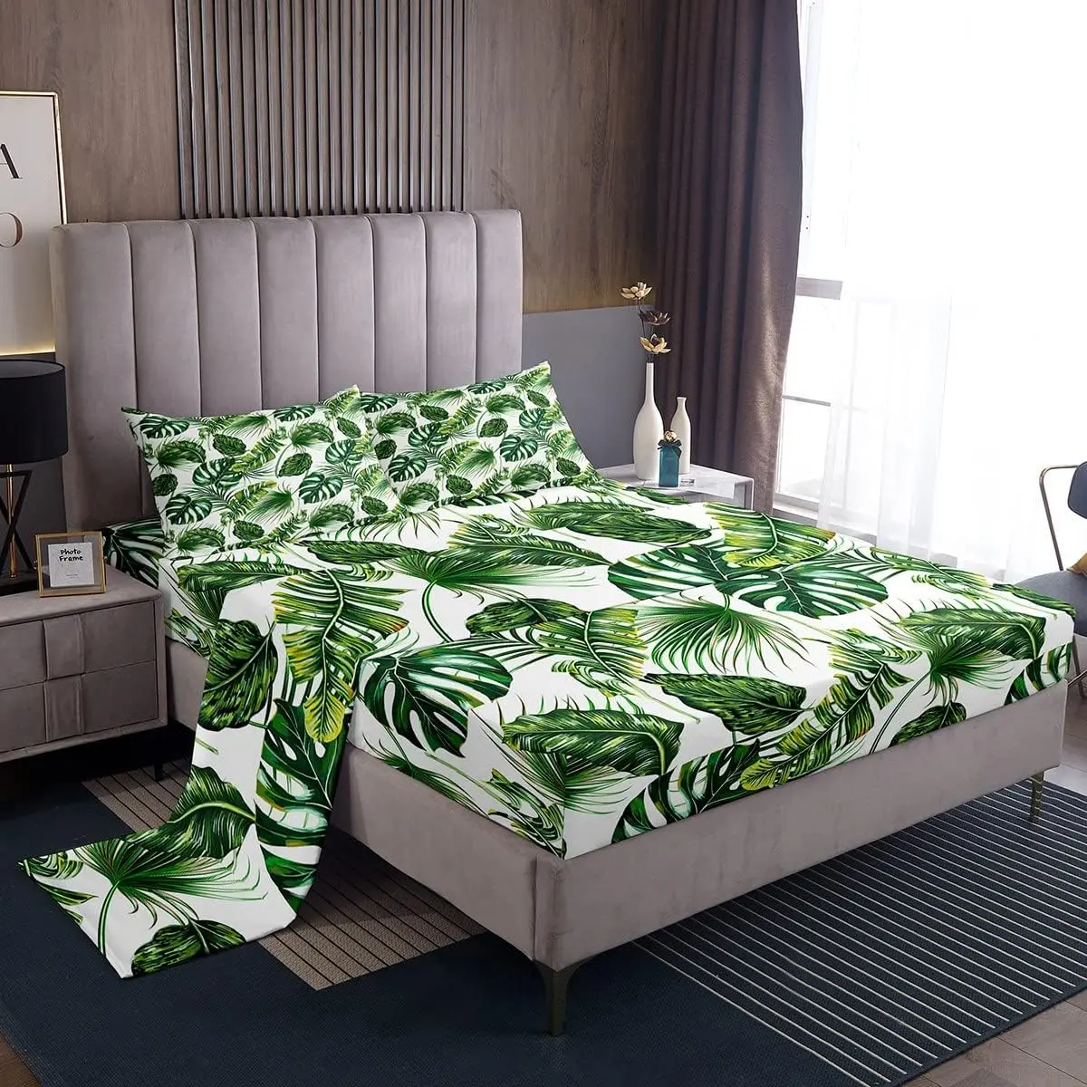 Feelyou Microfibre Bedsheets Set - Comfortable, Breathable Deep-Pocket Hawaiian Leaf Print Bedding Set, Full/King Multi-Size Fitted Sheet for Bedroom Decor