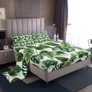 Palm Leaves Bed Sheets,Hawaiian Sheet Set,Monstera Banana Leaves Summer Tropical Leaves Fitted Sheet for Living Room Bedroom Decor