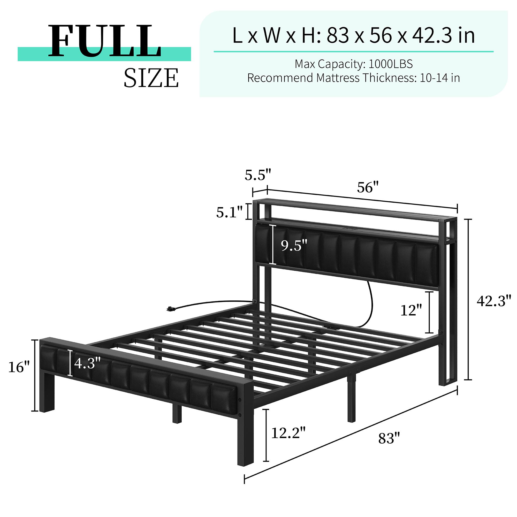 [Black Bed WITHOUT Foldable Ottoman] AMERLIFE TWO Different Bed Frames, Metal Bed with Foldable Ottoman, Velvet Upholstered Headboard/Metal Bed with PU Leather Headboard/ Both Including LED Lights, Charging Station,Storage Shelves