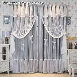1pc Korean Cream Double Layer Sheer Curtain with Wave Design, Princess Bedroom Lace Drapes for Light Blocking & Living Room Decor, Bedroom Curtains Arch, Window Curtain