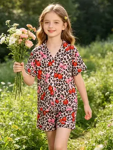 Kids Pajama Set, Fire-Resistant Knit Fabric, Cartoon Fruit Leopard Cherry Bow Design, Short Sleeve Button-Up, All Seasons, Sleepwear Pajama Set