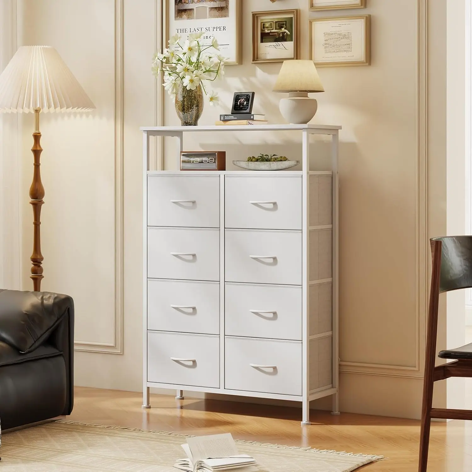 8 Drawer Fabric Dresser Open Shelves, Tall Storage Tower | Fabric drawers plus open shelves, steel frame with wood top, great for bedroom closet entryway and dorm storage