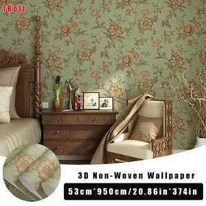 1 Roll of Self-Adhesive Floral Country-Style Wallpaper (374 Inches Long) — Pastoral Bedroom Decor, Non-Woven Material, Suitable for Living Rooms, Featuring Floral and Bird Patterns with an Emerald Green Color Scheme.