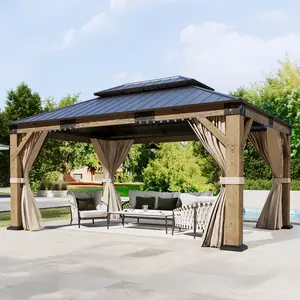 【Ships in 4 Boxes】AMERLIFE Wood /Hardtop Gazebo Lounge , Hardtop Gazebo with Iron Roof Double Roof, Modern Design Outdoor Gazebo with Wood Frame for Patio, Garage, Lawns, Parties- Ships in 4/5/6 Boxes