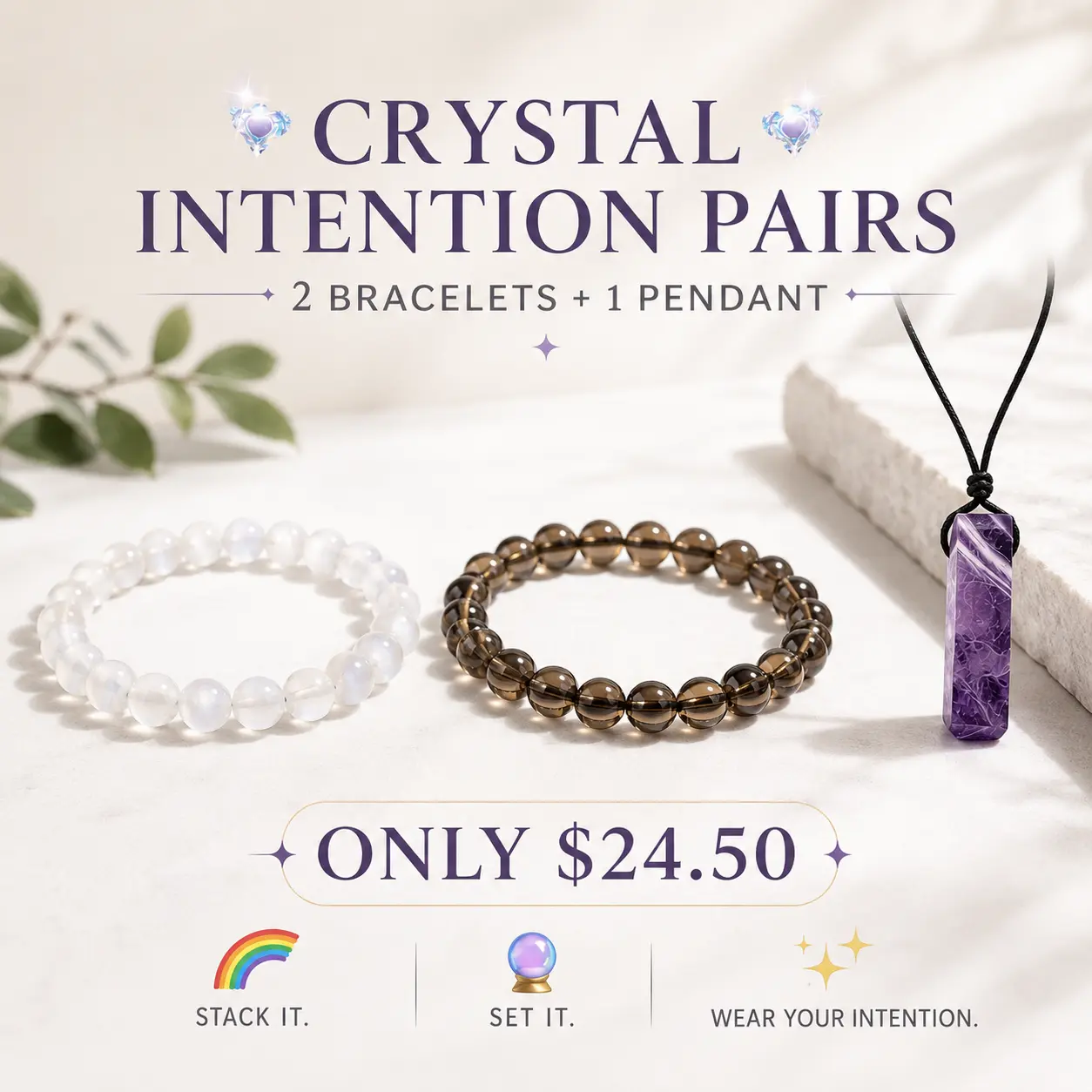 [Quiet Light] Crystal Intention Bracelet Pairs — 2 Bracelets + 1 Pendant | Calm • Protection • Focus • Confidence