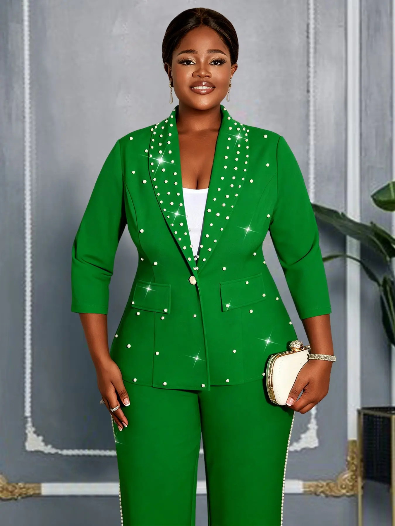 AOMEI Women's Pearl Beaded Open Front Blazer Fit 3/4 Sleeve Shawl Lapel Collared Jackets with Pockets Womenswear