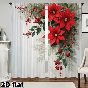 2D Flat 2Pcs Christmas Red Poinsettia Floral Printed Curtains Rod Pocket Design Semi Sunshade Light Weight Polyester Fiber Holiday Window Treatment Berry Vine Pattern For Living Room Bedroom Dining Decoration Sets Anti Privacy Home Decoration Curtain