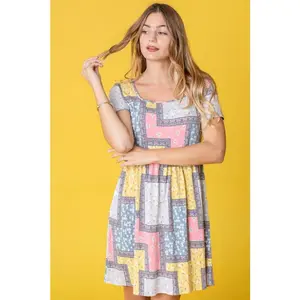 EG fashion Plus Short Sleeve Floral Patch Work Mini Dress
