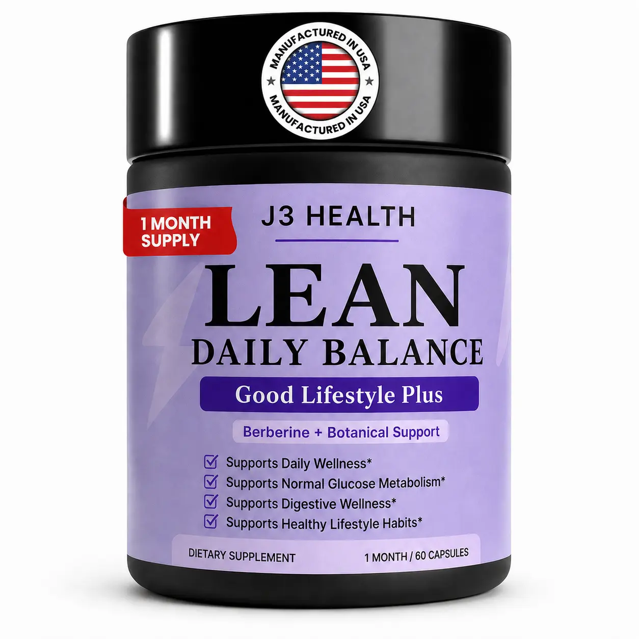 J3 Health LEAN Daily Balance Botanical Supplement with Berberine, Konjac Glucomannan, Gymnema, Ceylon Cinnamon, Saffron & Chromium, 60 Vegetarian Capsules