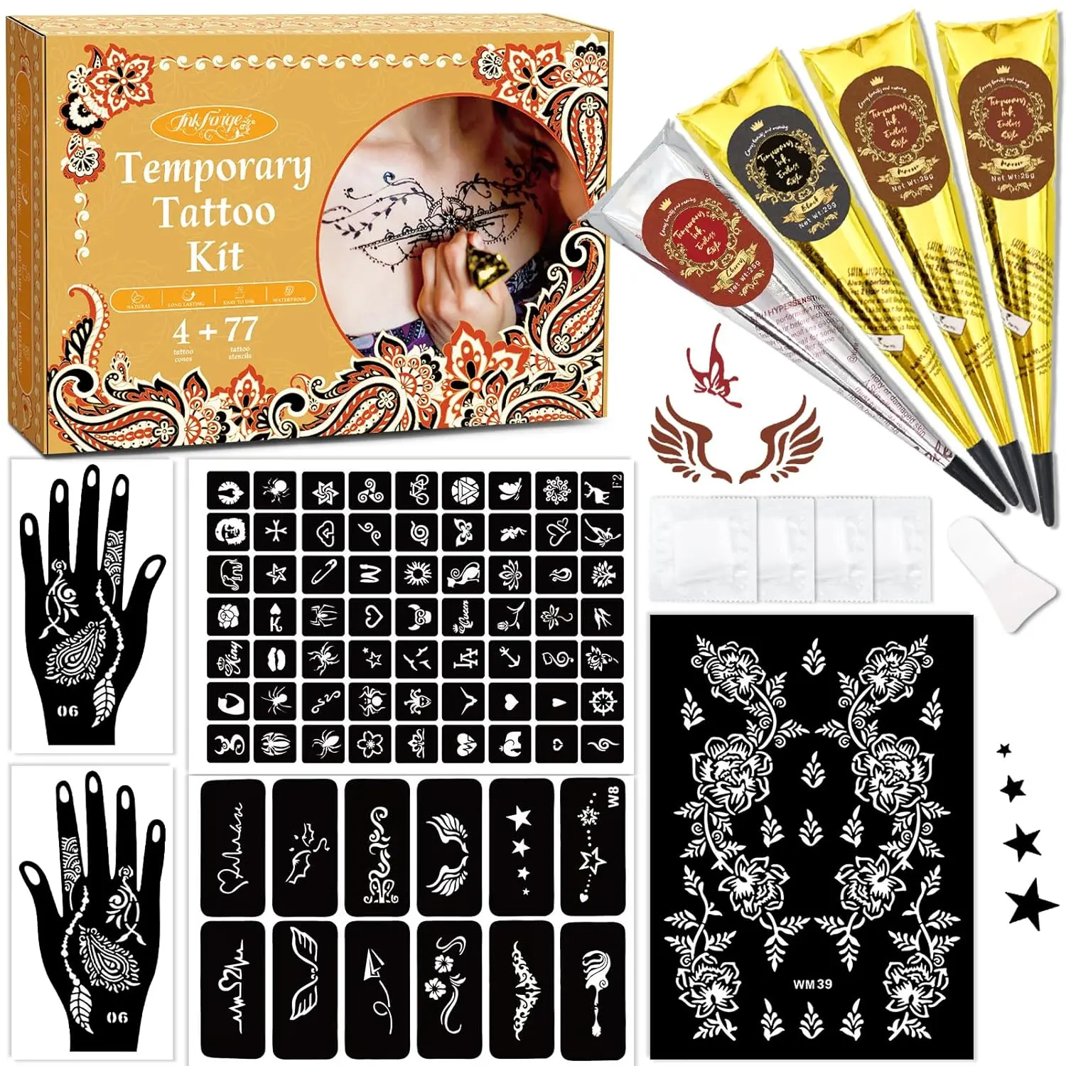 DIY Temporary Tattoo Kit - 4 Vibrant Pastes (1 Black,1 Red,2 Maroon), Hypoallergenic Waterproof Skin-Safe Fashion Set with Stencil Set & Tools for DIY Art, Creative Possibilities, Parties, Lasts 3-5 Days, Great Gift for Adults, 4P-Red1 Black1 Maroon2, Tat