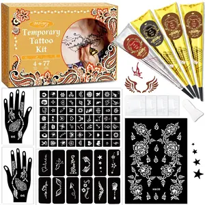 DIY Temporary Tattoo Kit with 4 Cones in 3 Colors (Black, Maroon, Red), Waterproof & Skin-Safe Body Art for Men & Women with Stencils & Tools for Parties & Beach Outings, 4P-Red1 Black1 Maroon2
