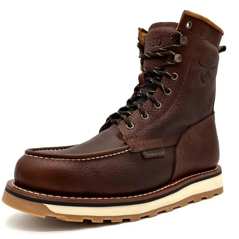 Fuerbo Premium Handcrafted Lacer Moc Toe Leather Work Boots Dual Density Goodyear Welt Sole Anti-Fatigue Oil & Slip Resistant L-50 Brown Mid-Calf Lace Up Men Footwear Comfort Walking Shoes Boy Heavy Duty