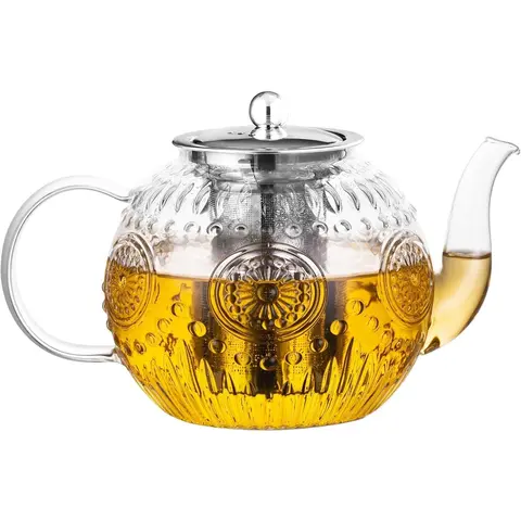 50OZ/1500ml Tea Pot - Vintage Glass Teapot with Removable Infuser - Stovetop Safe Tea Kettle for Blooming Loose Leaf Tea Party