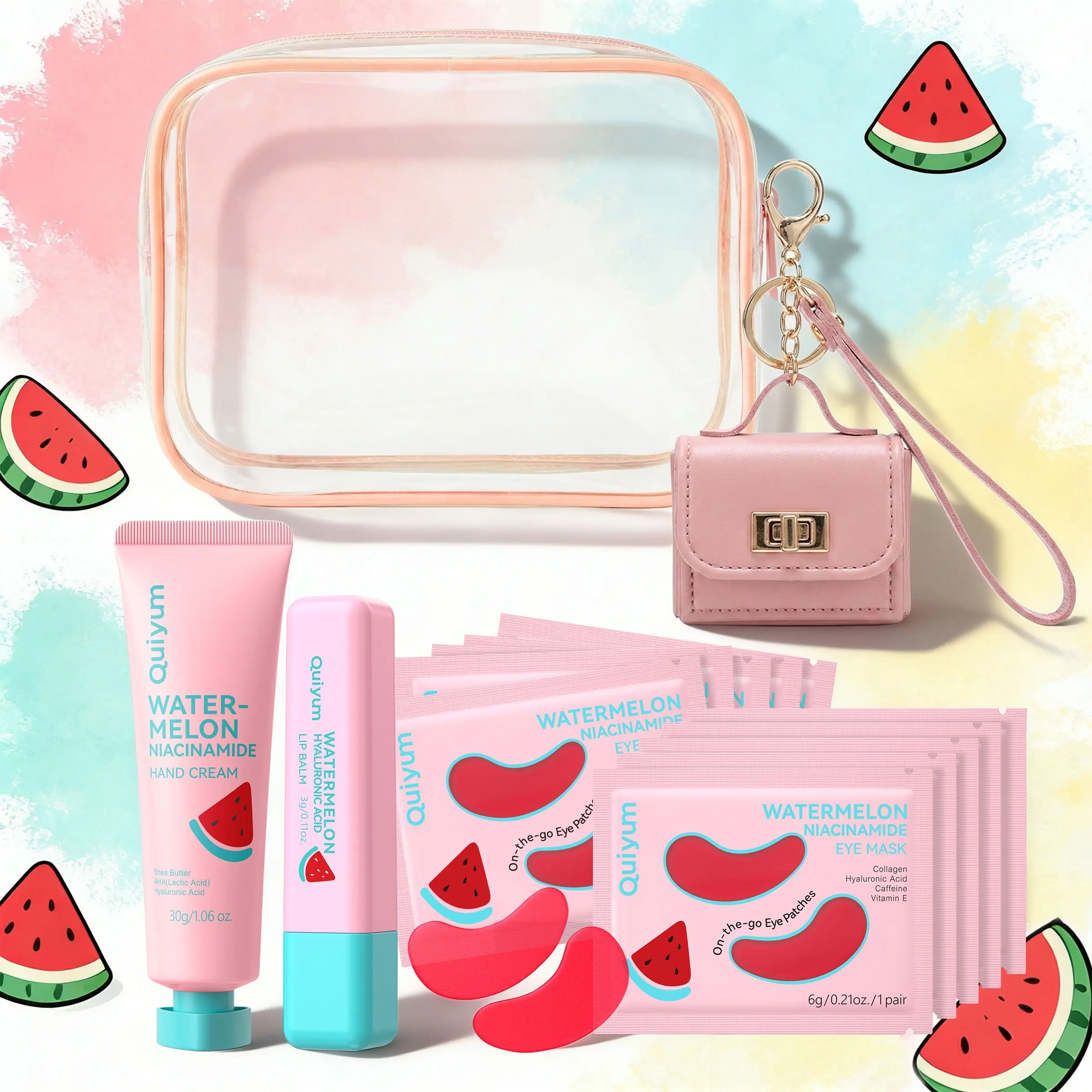 QUIYUM Watermelon Hydrating Skin Care Travel Kit, Eye Mask, Hand Cream & Lip Balm, Lightweight Portable Hydration Care Set with Waterproof Bag & Cute Keychain, Ideal Gift for Girls, Moisturizer, Summer Glow Bundle, Beauty Sets
