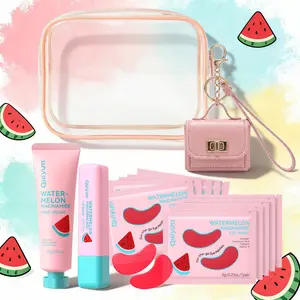 QUIYUM Watermelon Hydrating Skin Care Travel Kit, Eye Mask, Hand Cream & Lip Balm, Lightweight Portable Moisturizing Set with Waterproof Bag & Cute Keychain, Ideal Gift for Girls, Moisturizer