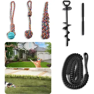 Tether Tug Outdoor   with Upgraded Steel Stake & Adjustable Safety Rope, Includes 3  Toys , Durable Interactive Tug of War Bungee Rope  for Large, Medium & Small Dogs  Lawns or Trees