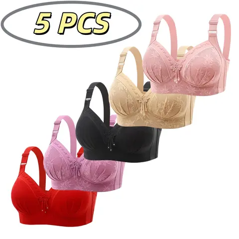 5 PCS/ 3PCS Elegant Lace Non-Wired Bra for Women Comfortable Push-Up Bralette Everyday Underwear Lift Support Breathable Lingerie T-Shirt Mother Fashion - YY