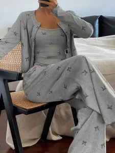 Spring Summer Bow Print Pajama Set, Women's Long Sleeve Tank Top and Pants, Three-Piece Home Wear, Comfortable Sleepwear