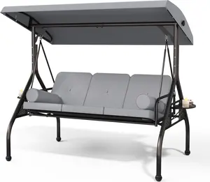 OUTROAD Outdoor 3 in 1 Porch Swing Chair, 3 Seat Patio Swing Glider with Adjustable Canopy, Heavy Duty Swings with Thickened Cushions, Pillows & Cup Holders for Backyard, Porch, Garden,Grey，Brown，Blue，Red