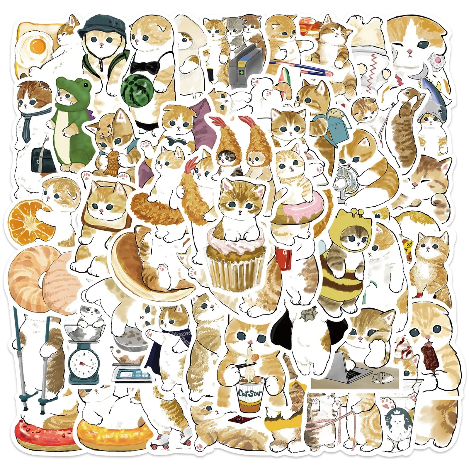 64 Cute Cat Stickers, Sticker Set, Waterproof Decorative Stickers for Luggage, Pens, Guitars, Notebooks, Cartoon Style, Fun and Adorable Design, PVC Waterproof Stickers