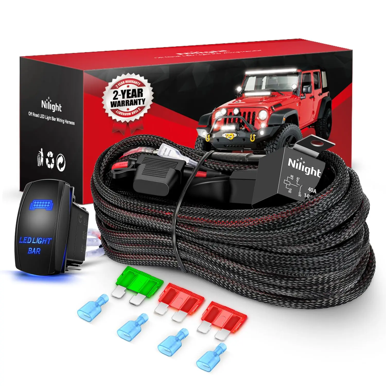 Nilight 12 AWG Nylon 2-Lead 12V 5-Pin Rocker Switch Wiring Harness Kit - Power Relay, Blade Fuse, Waterproof Car Lighting Accessories for LED Light Bar, Off-Road Lights