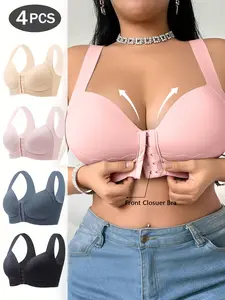 4-Pack Wireless Bras for Women with Front Closure, Comfortable Plus-Size Supportive Bralettes