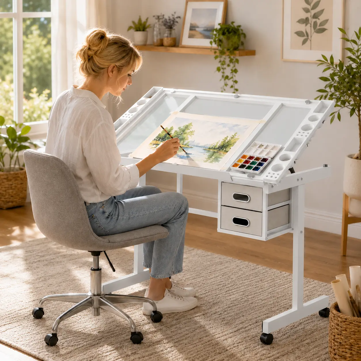 40.55" Adjustable Drafting Table with Tempered Glass Top, 0–70° Tilting Art Desk with 2 Drawers, Side Storage Trays & Rolling Wheels for Drawing, Painting and Crafts