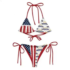 USA Flag Tie Side Bikini Set Women Sexy Triangle Swimwear Patriotic Red White Blue Beach Outfit Summer Vacation Pool Party Swimsuit American Style Fourth Of July Beachwear Gift Idea