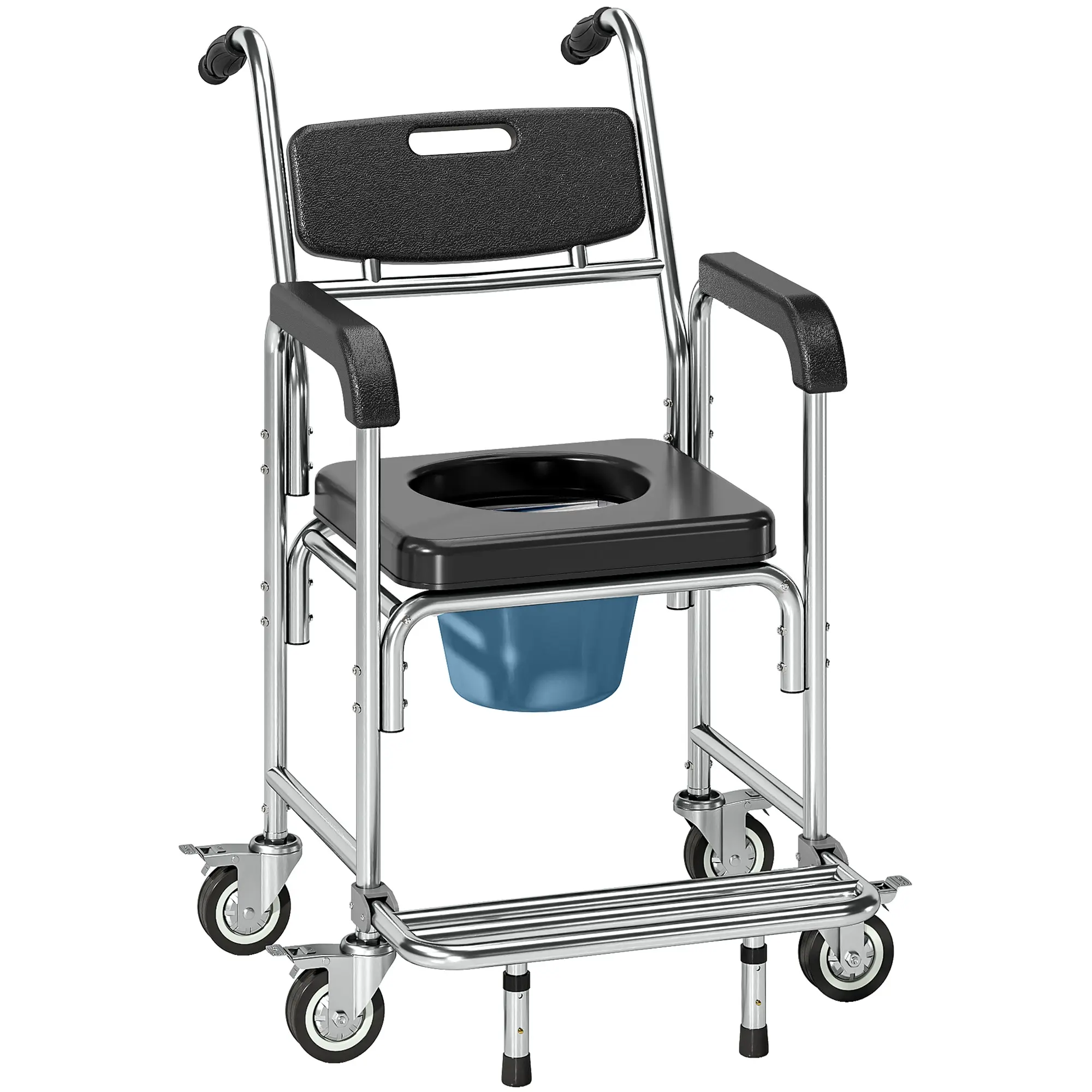 3-in-1 Shower Commode Wheelchair - Waterproof, Rust-Proof Aluminum Frame Transport Chair with Detachable Bucket, Swing-Away Footrests, Safety Belts for Senior Mobility & Bathroom Safety Aids