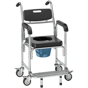 Three in one rolling shower commode wheelchair padded cushion seat waterproof lockable wheel foldable footrest detachable sealed bucket for bedroom bathroom indoor transfer daily elderly disabled care