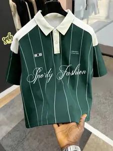 Men's Retro Patchwork Striped Polo Shirt, Menswear Summer Loose Fit Casual Street Style Short Sleeve Top, Daily Fashion Sport Wear, Comfortable and Stylish